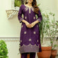 The52 Wine Women's Beautiful Viscose Chanderi Fabric Thread Work Straight Kurta Pant and Dupatta Set - Swadesiicart