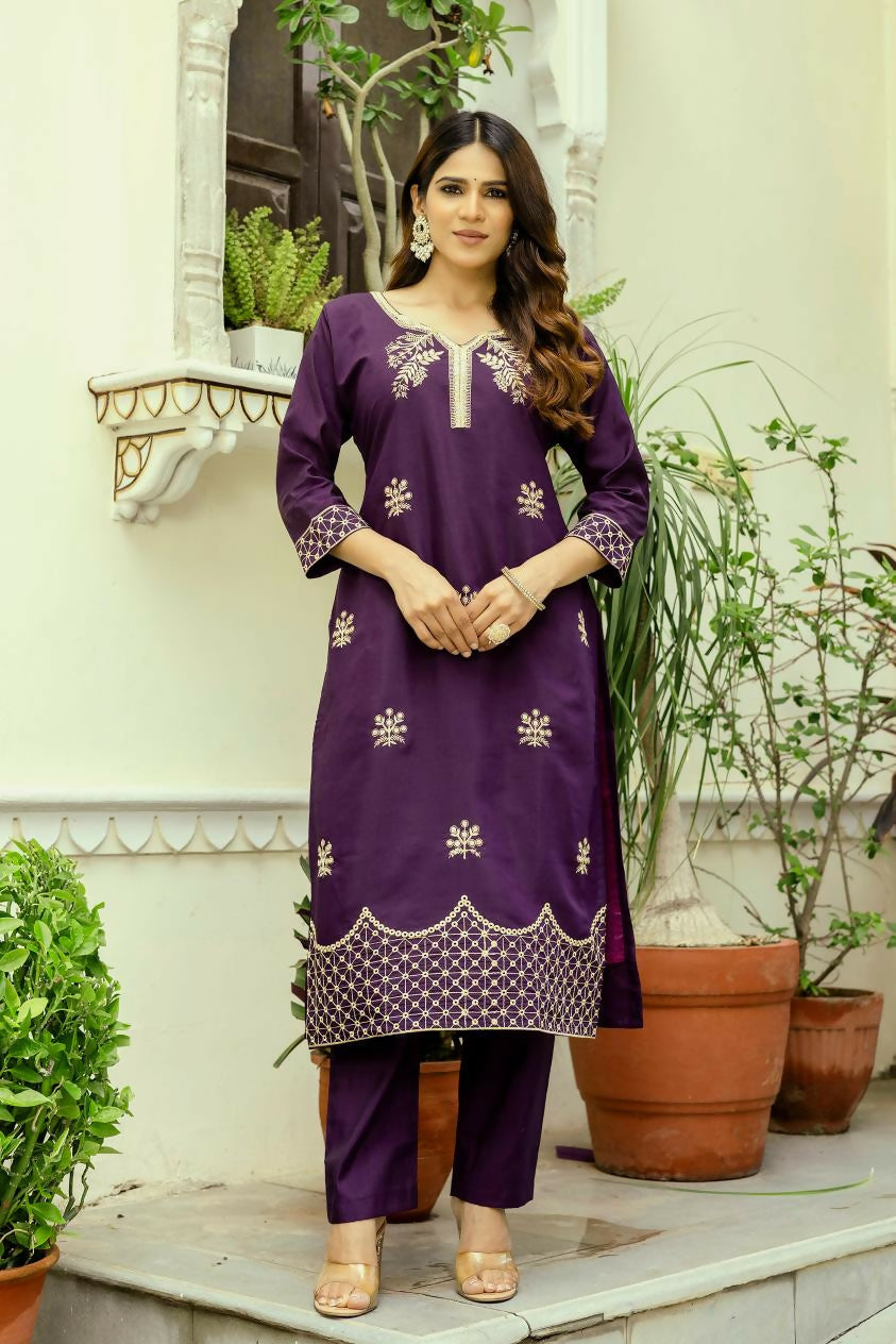 The52 Wine Women's Beautiful Viscose Chanderi Fabric Thread Work Straight Kurta Pant and Dupatta Set - Swadesiicart