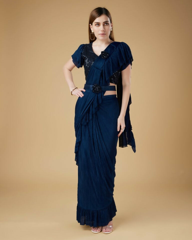 Blue Imported Crush Solid Ready to Wear Saree with stitched Blouse - Aayan | Swadesiicart