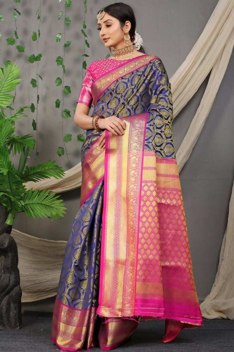 Jyoti Fashion Women's Navy Blue Kanjivaram Silk Zari Woven Saree with Blouse | Swadesiicart
