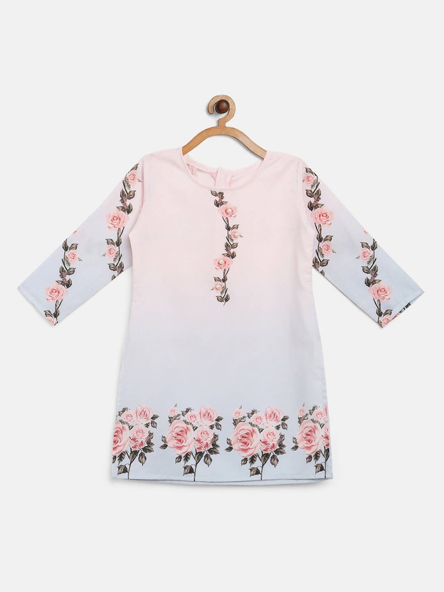 Ahalyaa Pink Crepe Floral Print Kids Kurta Sharara Set With Dupatta For Girls | Swadesiicart