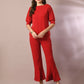 Myshka Women's Red Solid Boat Neck Party Top With Trousers Co-ord set - Swadesiicart