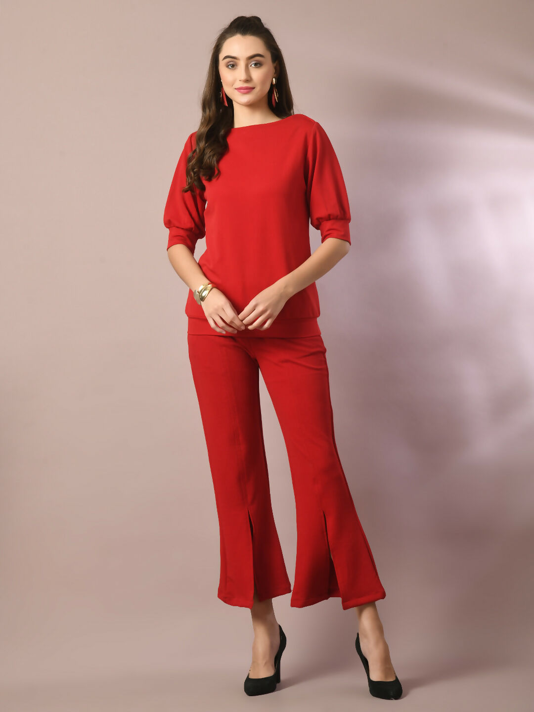 Myshka Women's Red Solid Boat Neck Party Top With Trousers Co-ord set - Swadesiicart