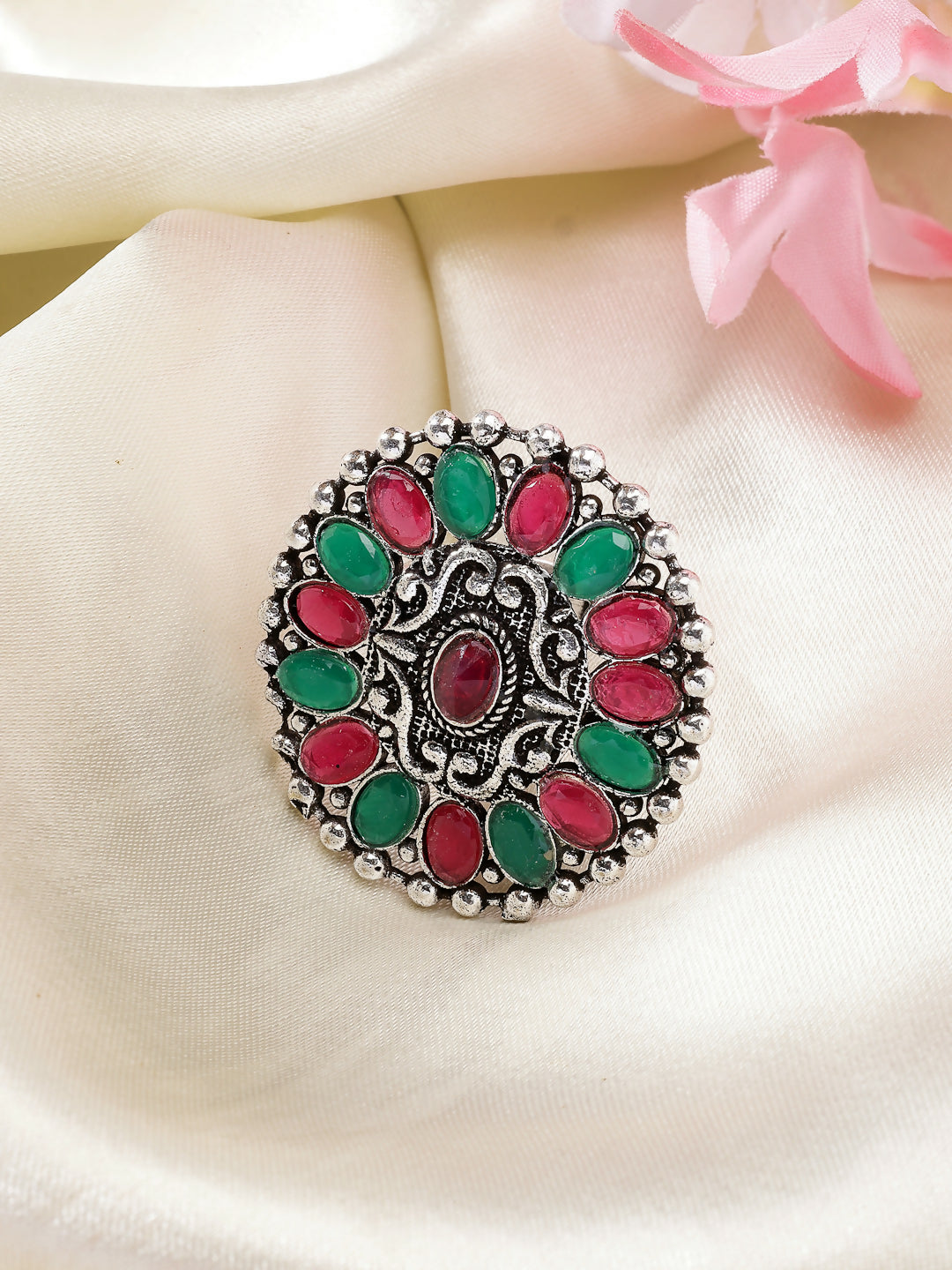 NVR Women's Multicolor Silver-Plated Circular Shape Adjustable Finger Ring | Swadesiicart
