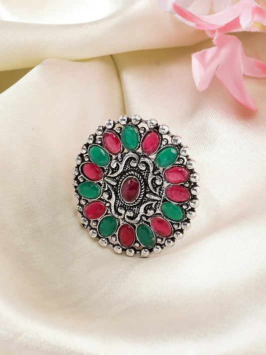 NVR Women's Multicolor Silver-Plated Circular Shape Adjustable Finger Ring | Swadesiicart
