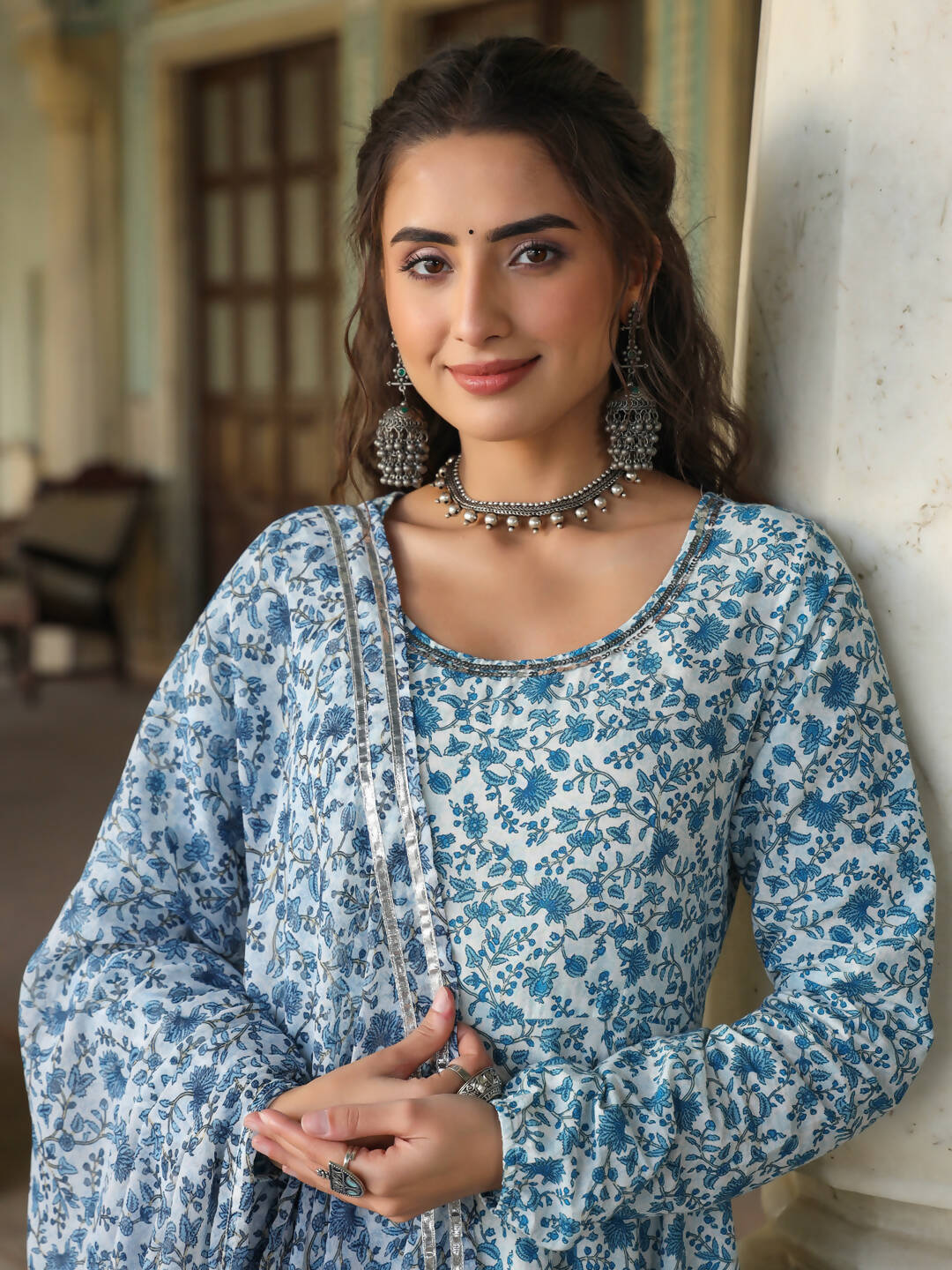 Juniper Women's Blue Cambric Floral Printed Circular Kurta Dupatta Sets | Swadesiicart