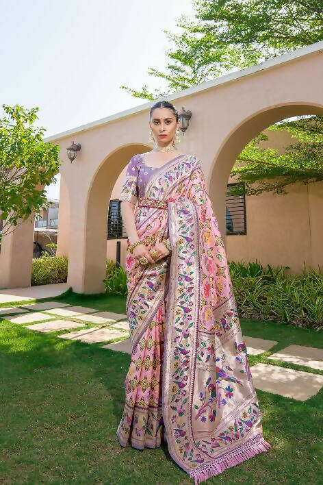 Vishnu Weaves Women's Baby Pink Paithani Silk Zari Woven Saree with Unstitched Blouse - Swadesiicart