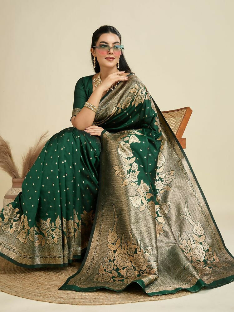Vishnu Weaves Women's Bt-Green Banarasi Silk Zari Woven Saree with Blouse - Swadesiicart