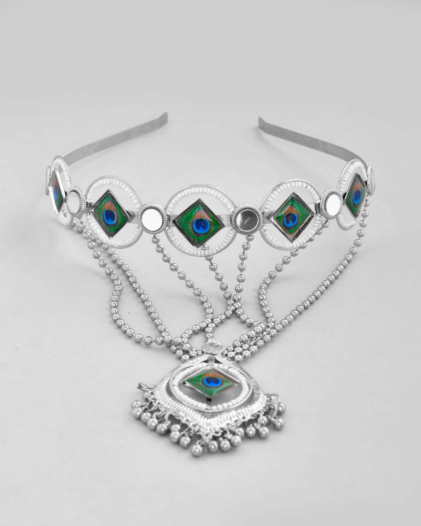 VOJ Silver Plated Peacock Printed Hairband With Mang Tikka | Swadesiicart
