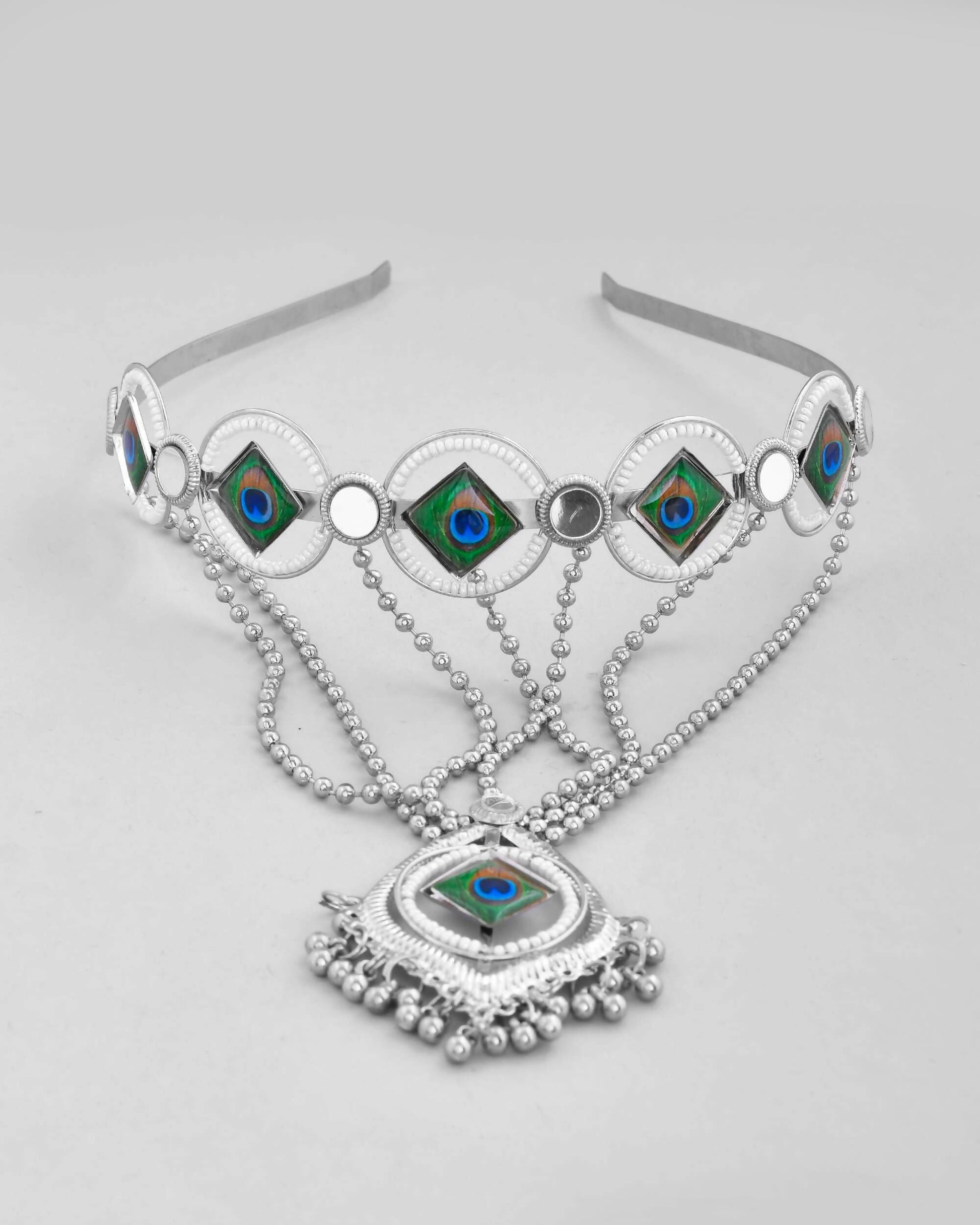 VOJ Silver Plated Peacock Printed Hairband With Mang Tikka | Swadesiicart