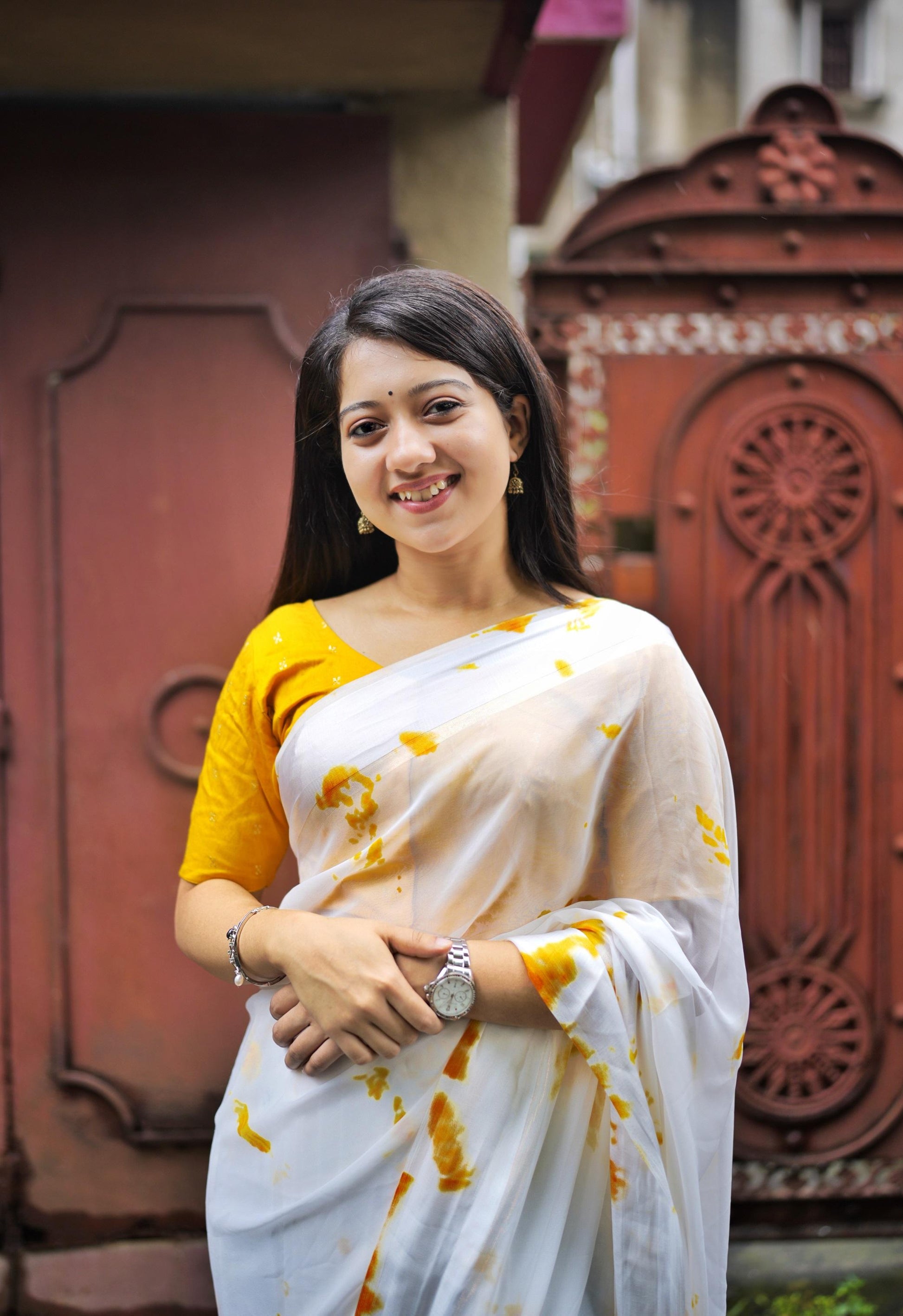 Yellow Poly Georgette Tie and Dye Saree with Unstitched Blouse - Hiral Fashion | Swadesiicart