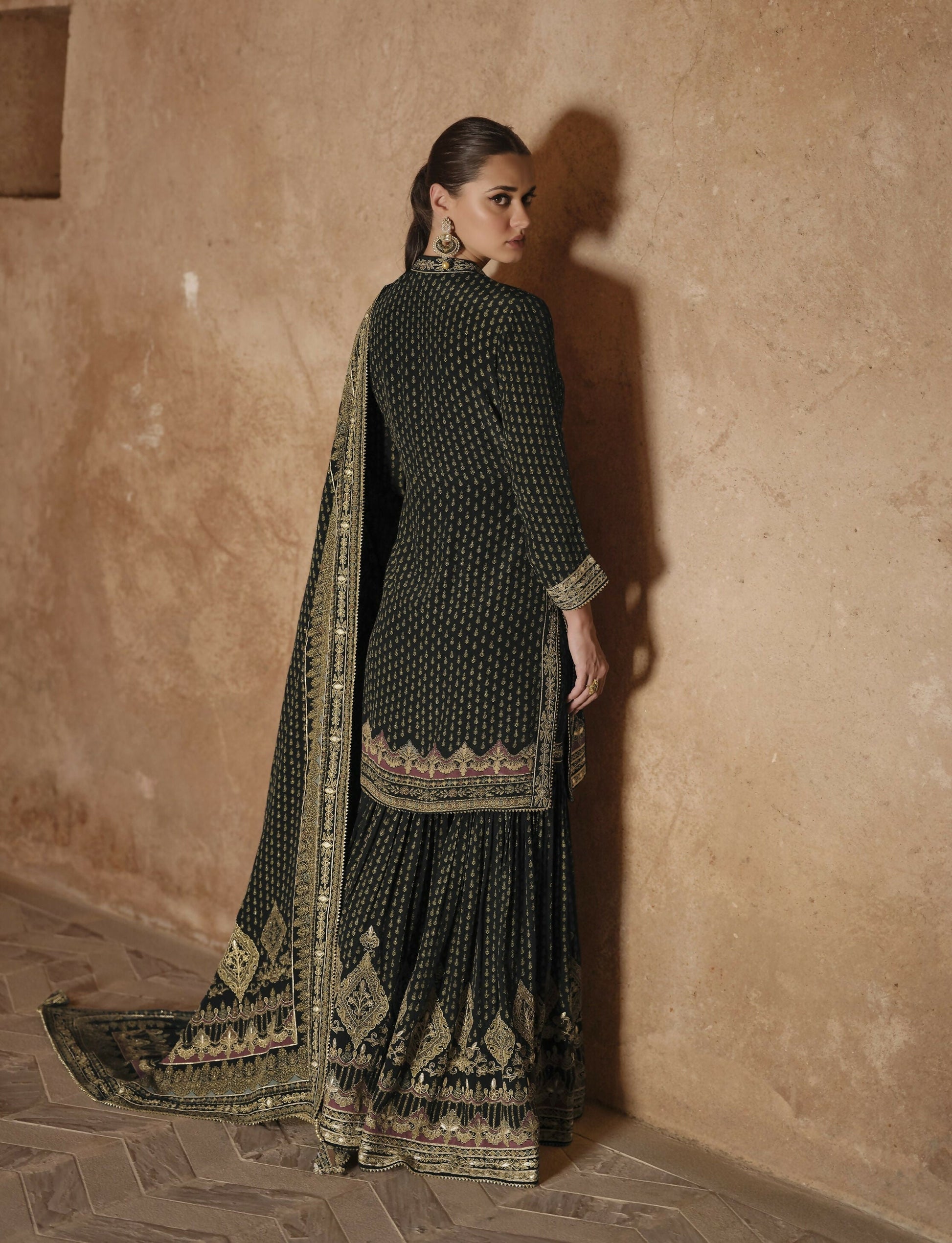 Anaita Black Silk Readymade Palazzo Suit with Swarovski Work