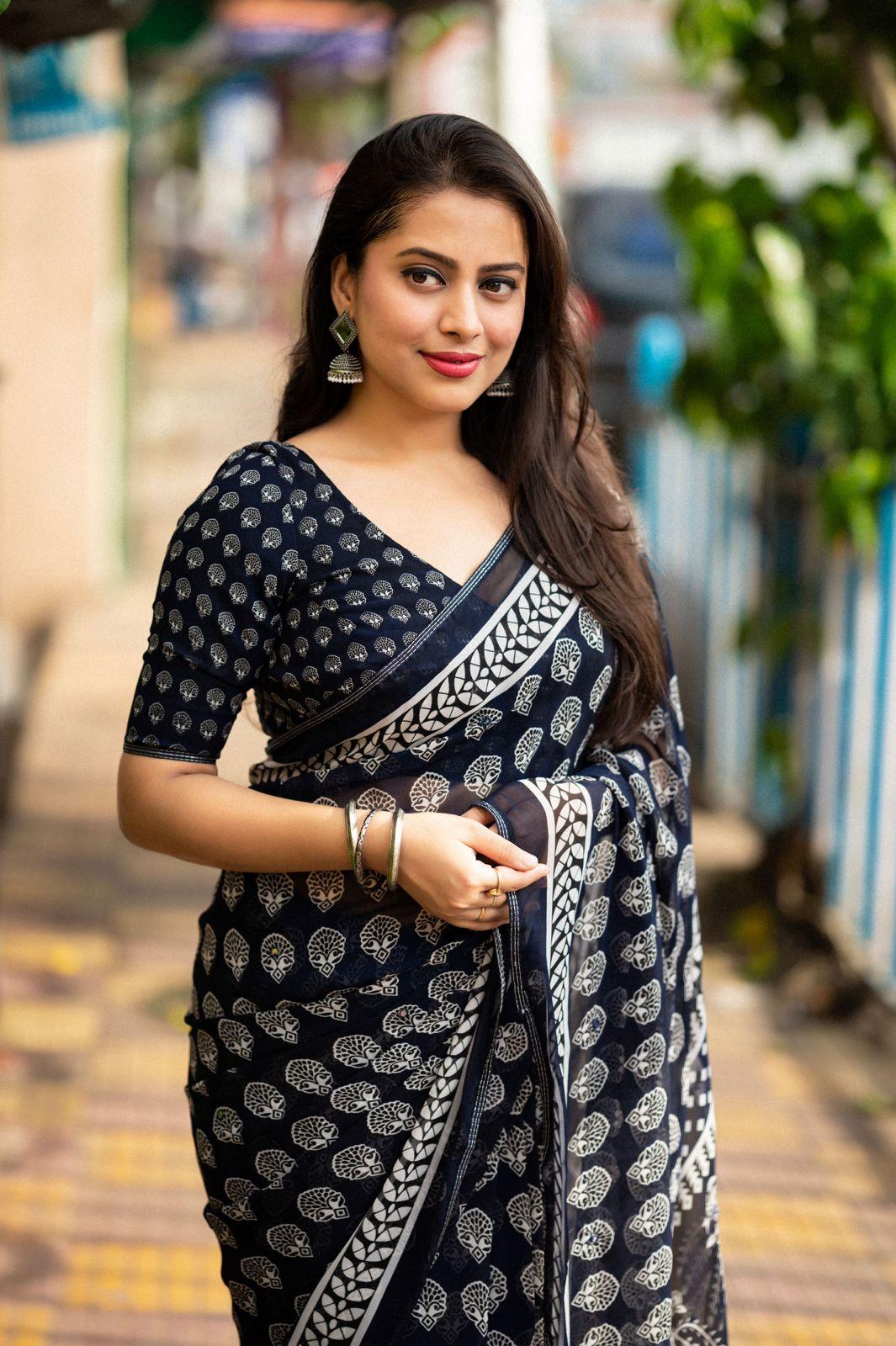 Navy Blue Poly Georgette Ajrak Saree with Unstitched Blouse - Hiral Fashion | Swadesiicart