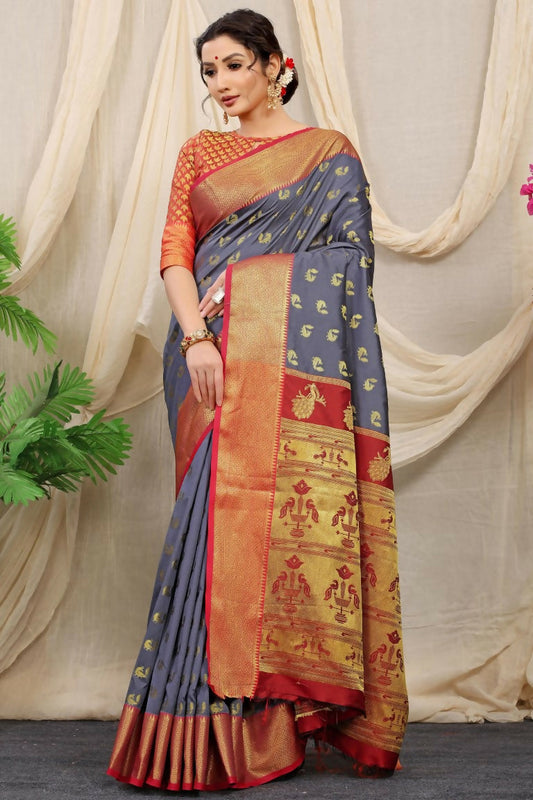 Jyoti Fashion Women's Grey Banarasi Silk Zari Woven Saree with Blouse | Swadesiicart