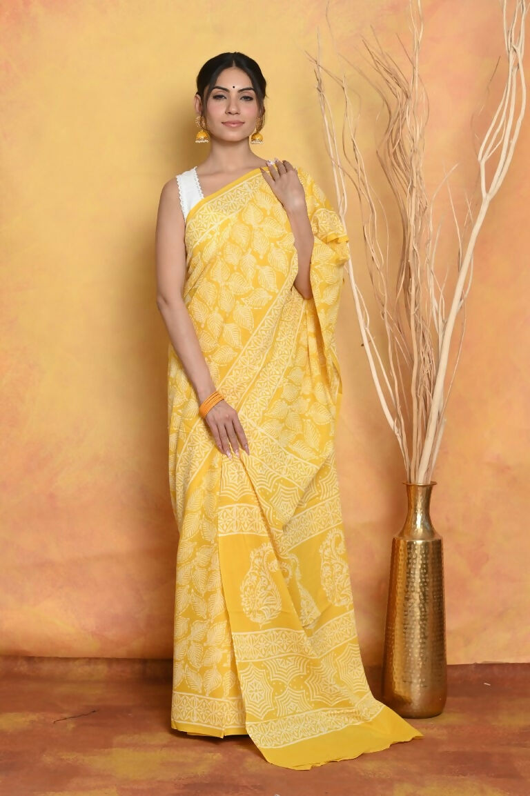 Very Much Indian Handblock Printed Cotton Saree With Natural Dyes - Yellow | Swadesiicart