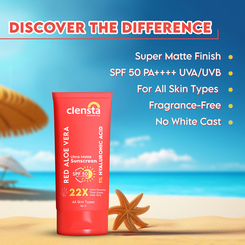 Clensta Red Aloe Vera Ultra Matte Sunscreen SPF 50 | Swadesiicart