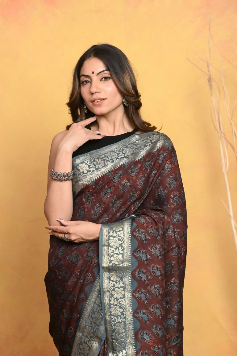 Very Much Indian Modal Silk Ajrakh Handblock Printed Natural Dyes With Designer Border Saree - Dark Maroon | Swadesiicart