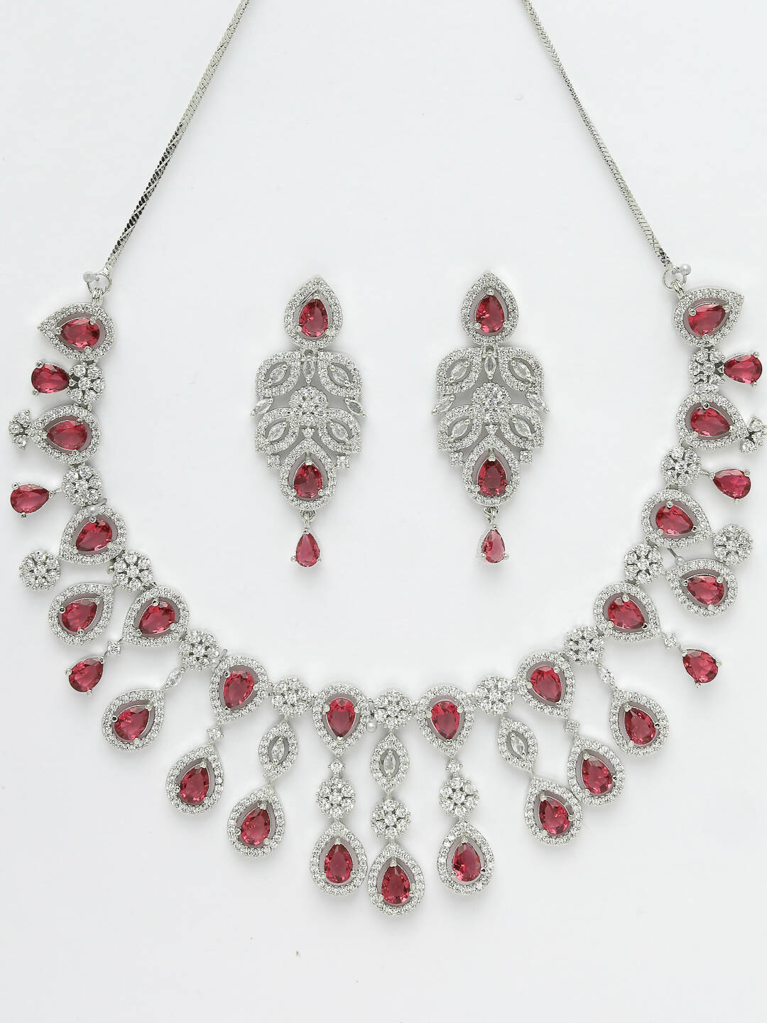 NVR Women Silver Plated & Maroon Cz Stone Handcrafted Jewellery Set - Swadesiicart