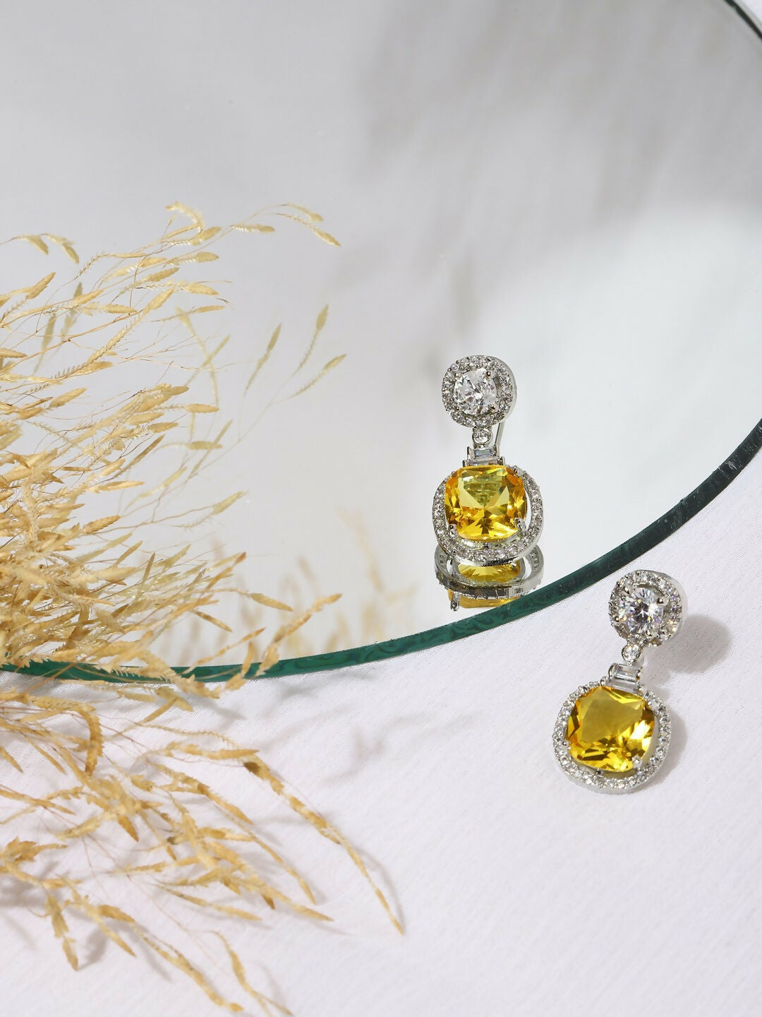 Yellow & Silver Stone Earrings- Ruby Raang | Swadesiicart