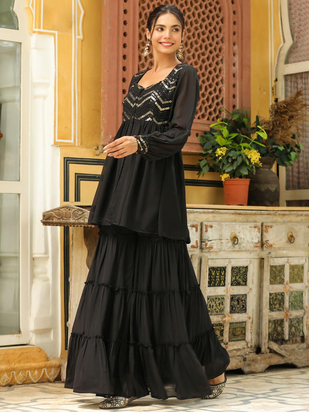 Janasya Black Georgette Sequined Tunic & Bottom | Swadesiicart