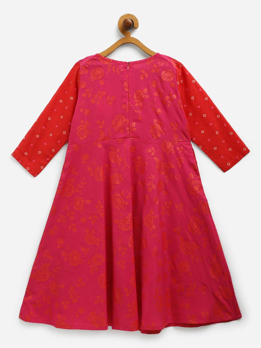 Ahalyaa Dark Pink Crepe Khari Print kids Dress Attached Jacket For Girls | Swadesiicart