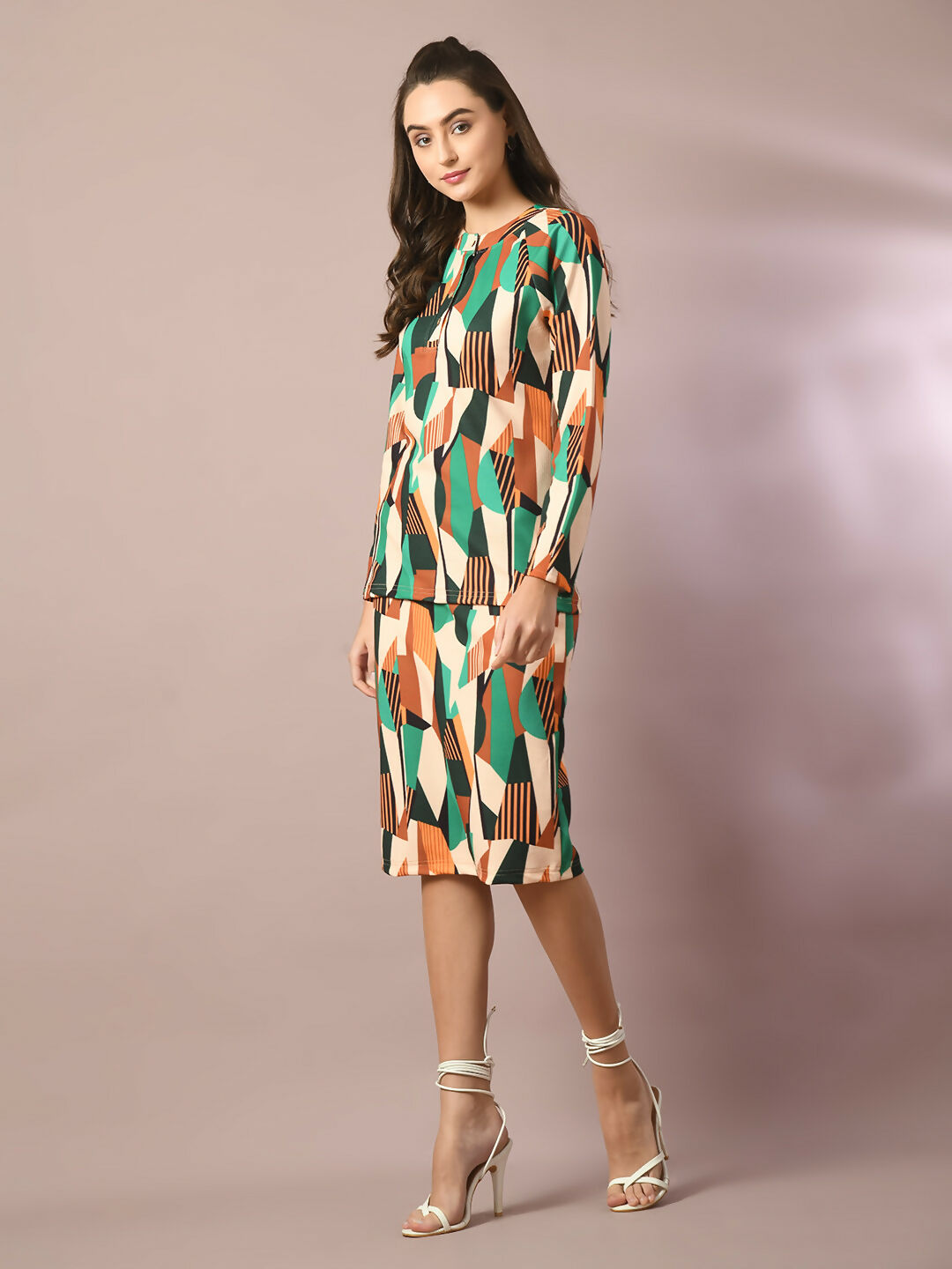 Myshka Women's Multi Printed Round Neck Party Top With Skirt Co-ord set - Swadesiicart
