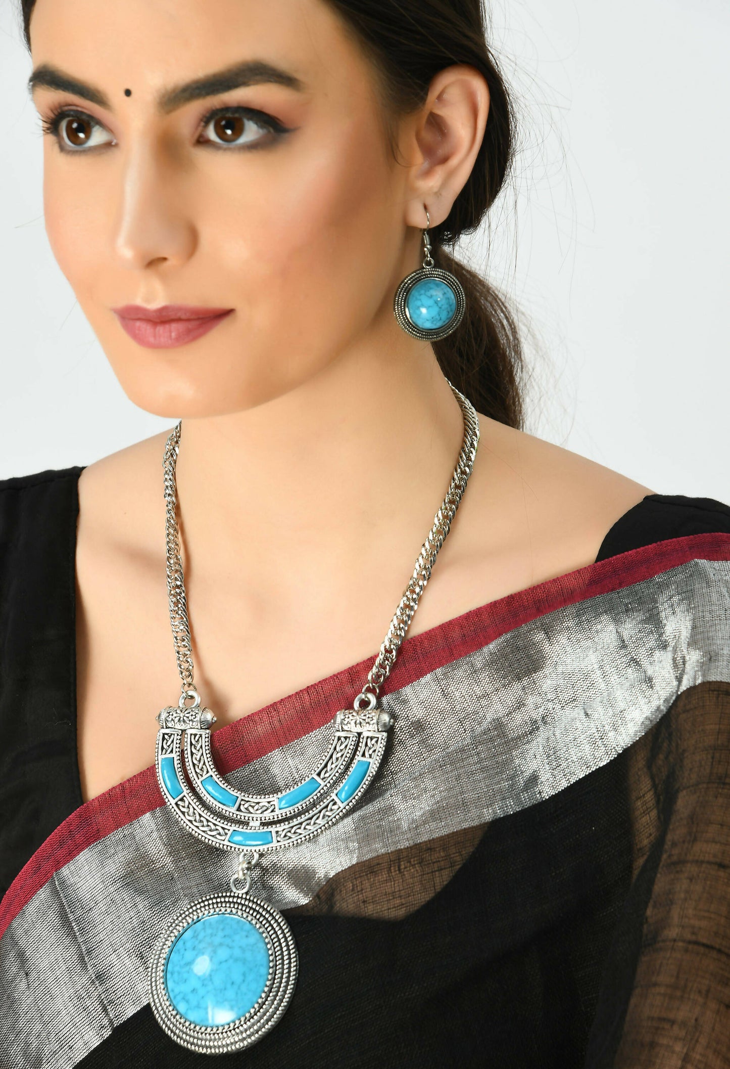 Mominos Fashion Johar Kamal Oxidised Silver-Plated Stone Work Long Necklace Handicraft Sky Blue | Swadesiicart