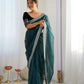 Attrctive Looking Gold Jari, Sequance Embroidery Work Twill Net Party Wear Saree - Rama