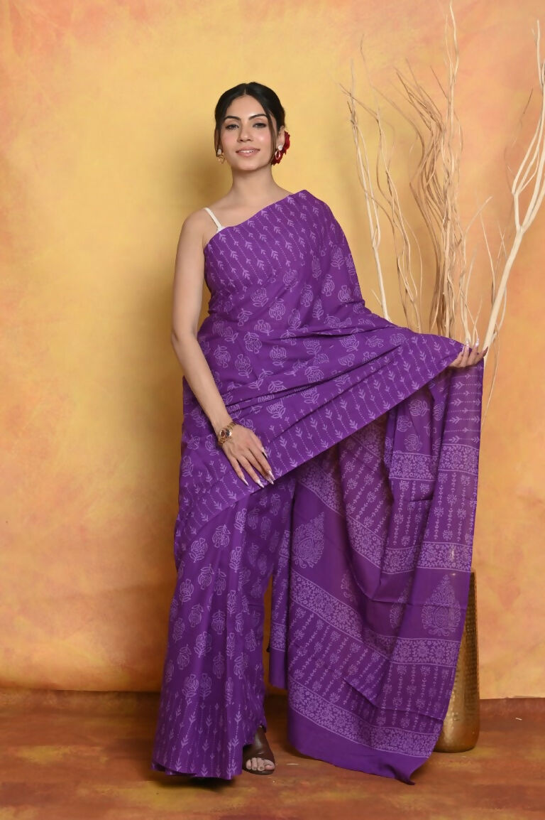 Very Much Indian Handblock Printed Cotton Saree With Natural Dyes - Purple | Swadesiicart