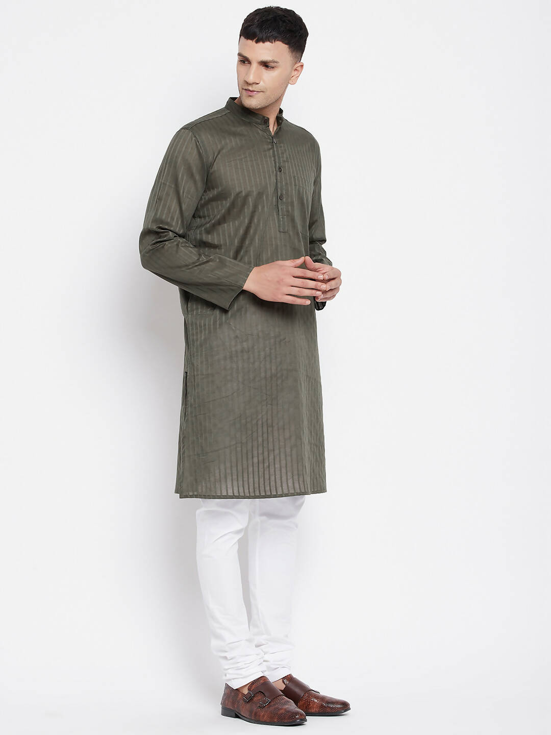 Even Apparels Green Men's Pure Cotton Kurta With Band Collar | Swadesiicart
