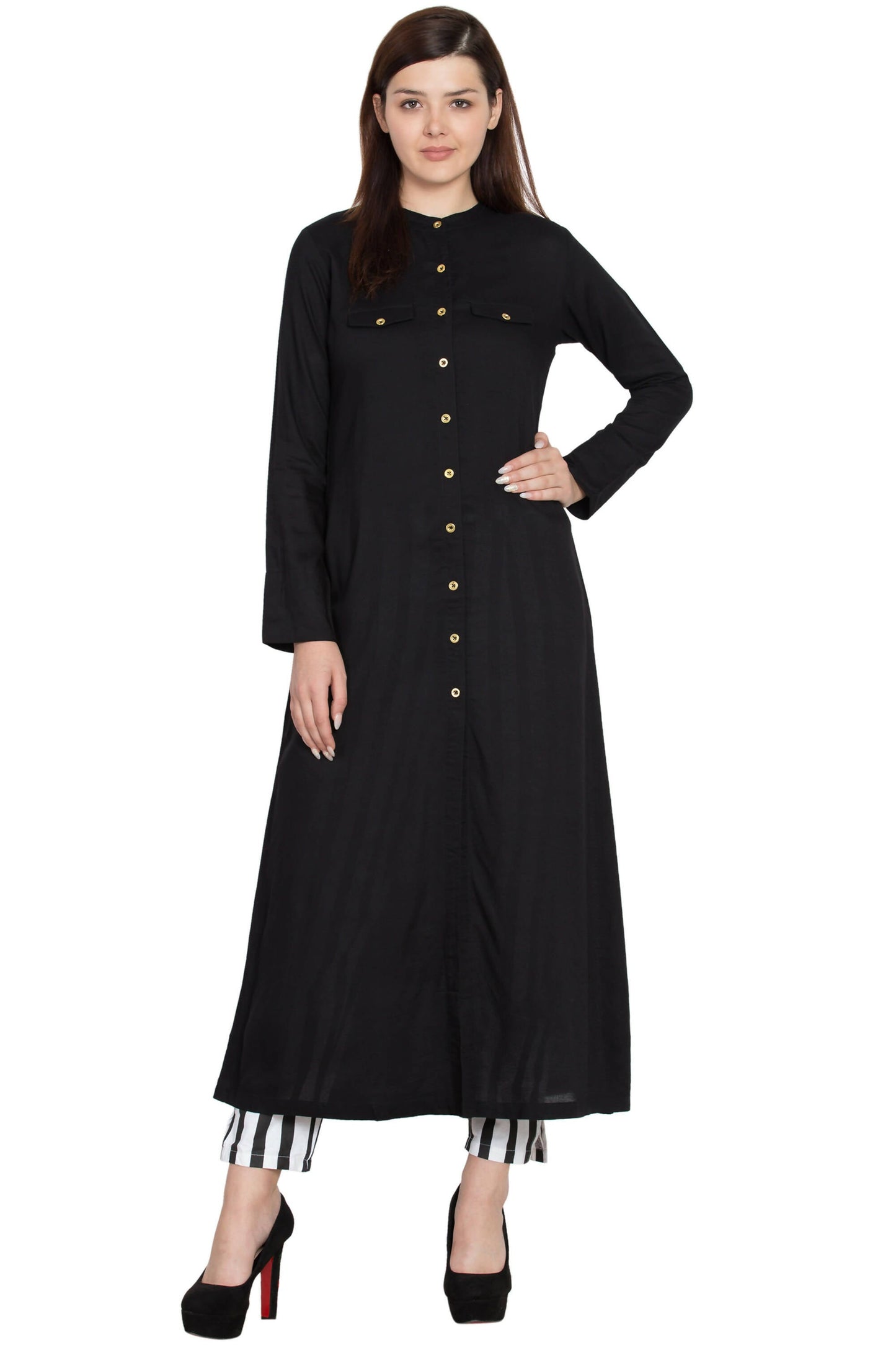 Women's Black Front Open Kurti With Straight Look - G & A Apparels | Swadesiicart