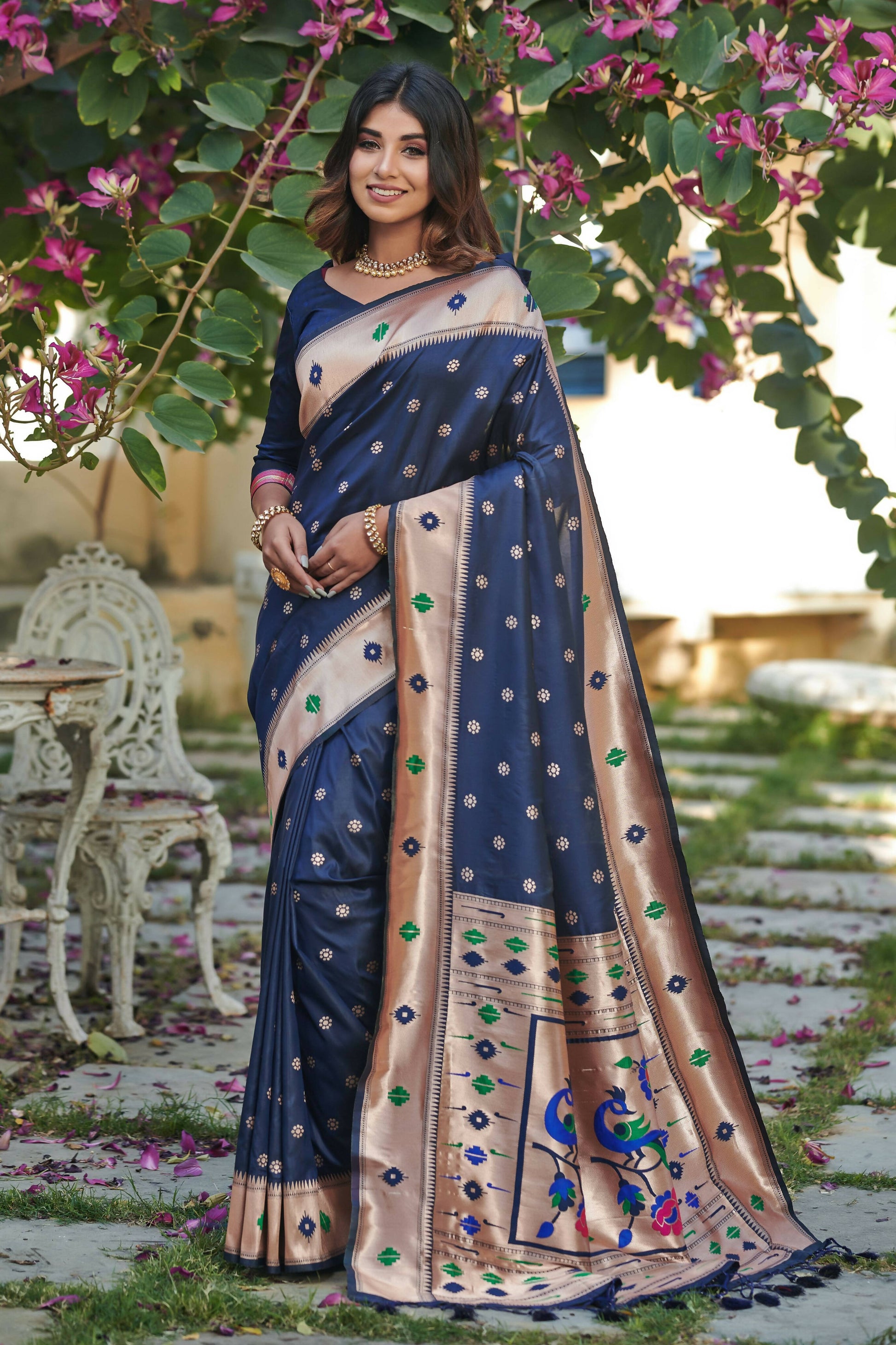 Vishnu Weaves Women's Blue Banarasi Silk Zari Woven Paithani Saree with Unstitched Blouse - Swadesiicart