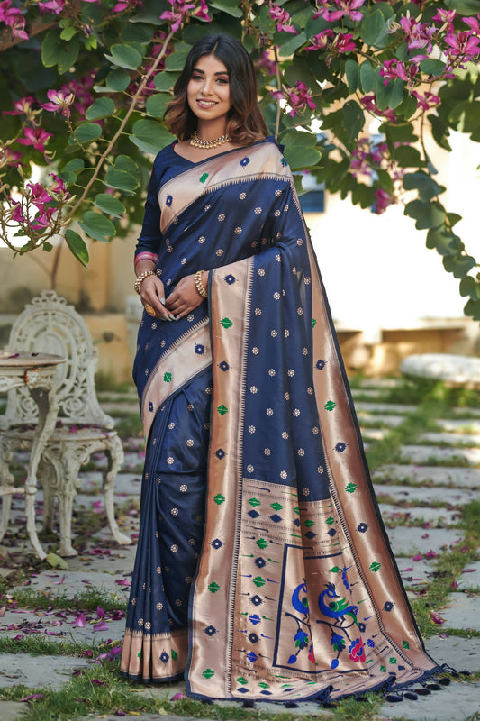 Vishnu Weaves Women's Blue Banarasi Silk Zari Woven Paithani Saree with Unstitched Blouse - Swadesiicart