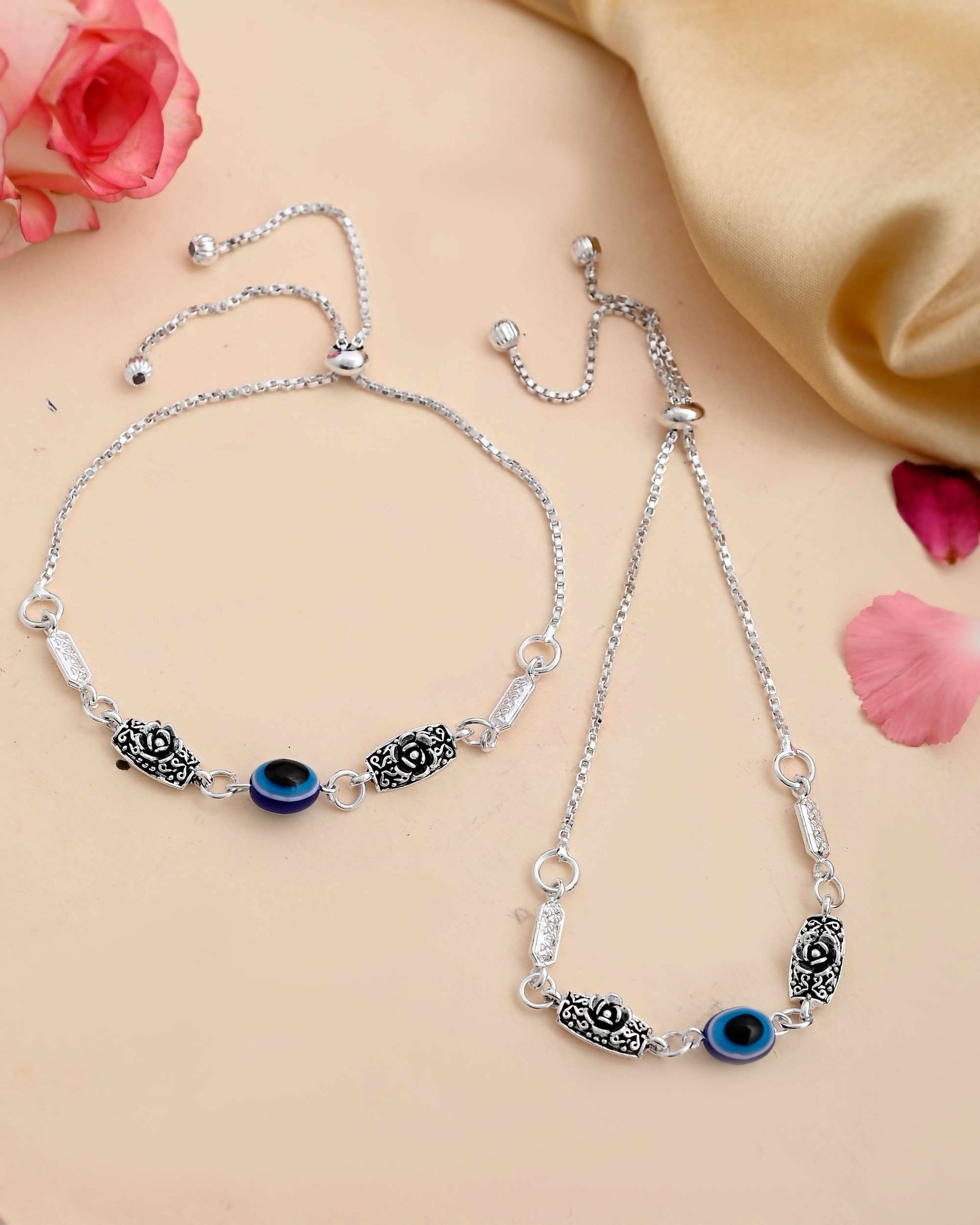 VOJ Set of 2 Silver Plated Flower And Evil Eye HandCrafted Anklet - Swadesiicart