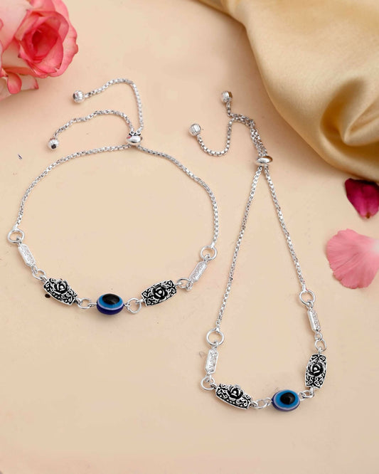 VOJ Set of 2 Silver Plated Flower And Evil Eye HandCrafted Anklet - Swadesiicart