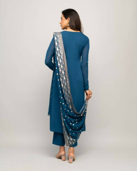 FIORRA Women's Teal Blue Creap A-Line Kurta Pant With Dupatta - Swadesiicart