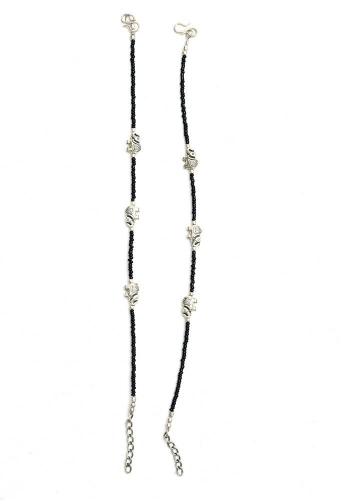 Mominos Fashion Kamal Johar Oxidised Elephant Design Silver/Black Anklets | Swadesiicart