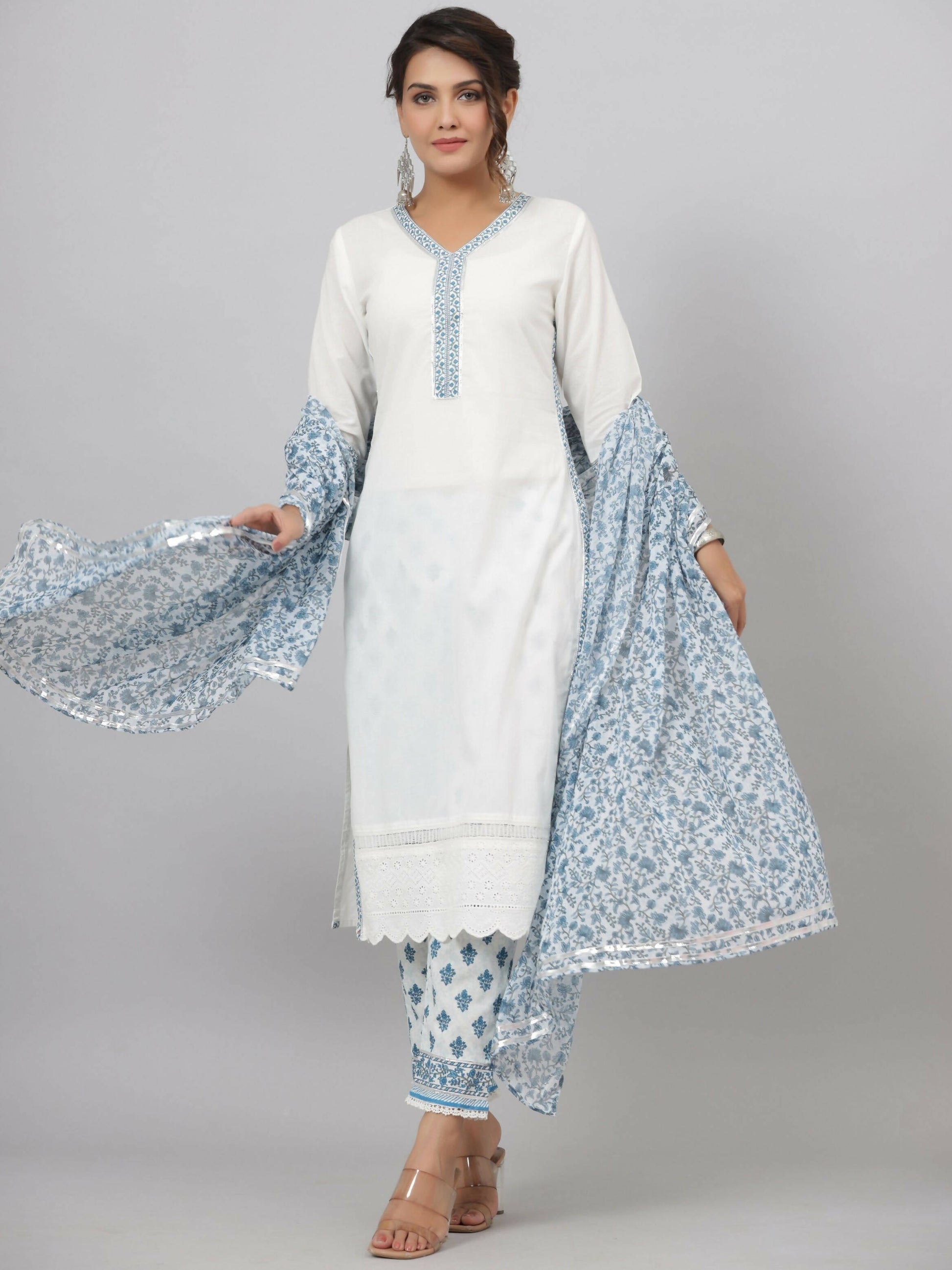Juniper Women's White Cotton Cambric Solid Kurta Floral Printed Pant & Dupatta Set | Swadesiicart