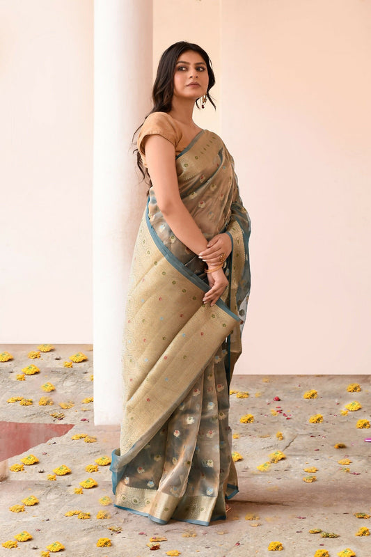 Joban Fashion Grey Pure Banarasi Tissue Saree | Swadesiicart