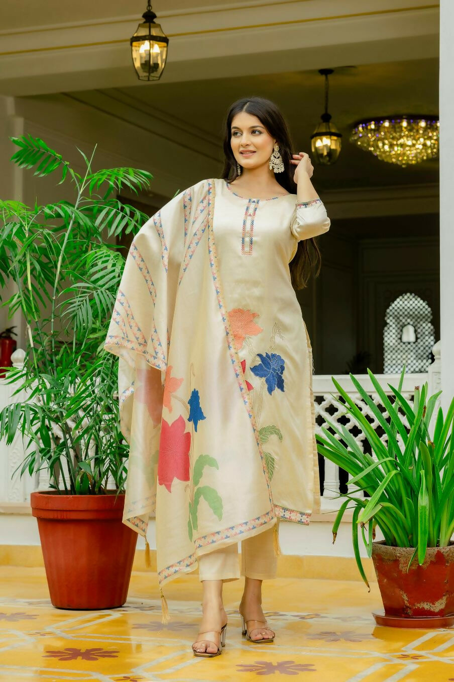 The52 Chiku Women's Beautiful Thread Work Viscose Assam Silk Fabric with Straight Kurta, Pant and Dupatta Set - Swadesiicart