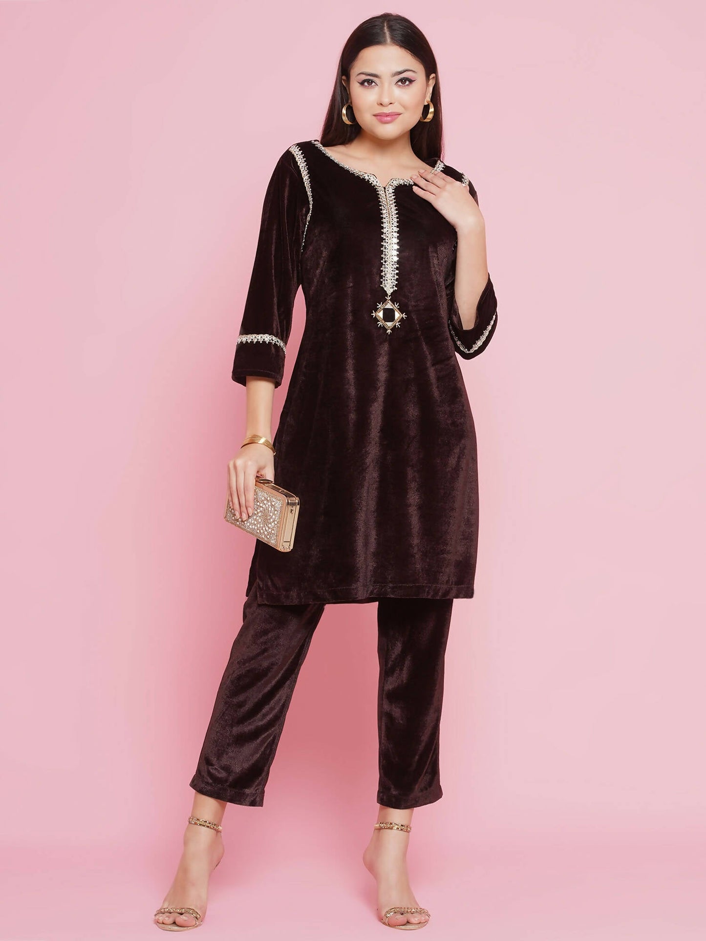 Women Republic Brown Velvet Embellished Co-Ord Set - Swadesiicart