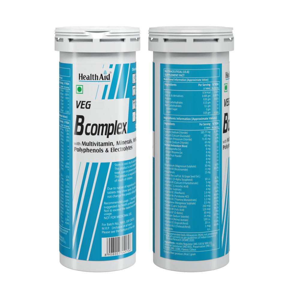 HealthAid Vegan B Complex with Multivitamins & Electrolytes Mango Flavour Effervescent Tablets - Swadesiicart