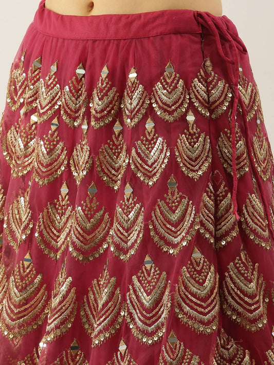 House of Panchhi Women Rosegold Net Embroidered Mirror Lehenga & Blouse with Dupatta | Swadesiicart