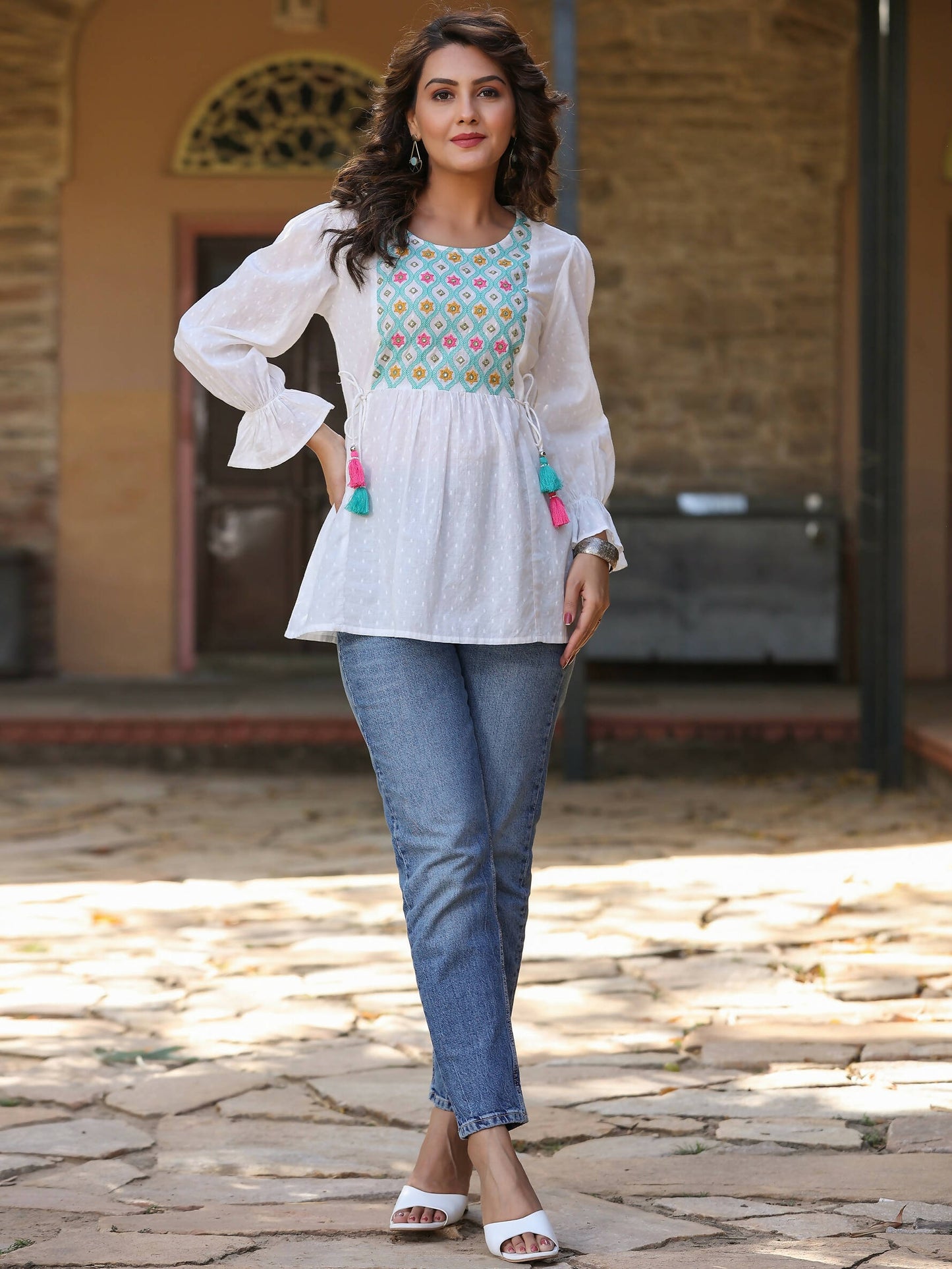 Juniper Women's White Cotton Dobby Solid With Multi Color Embroidered Tunic | Swadesiicart