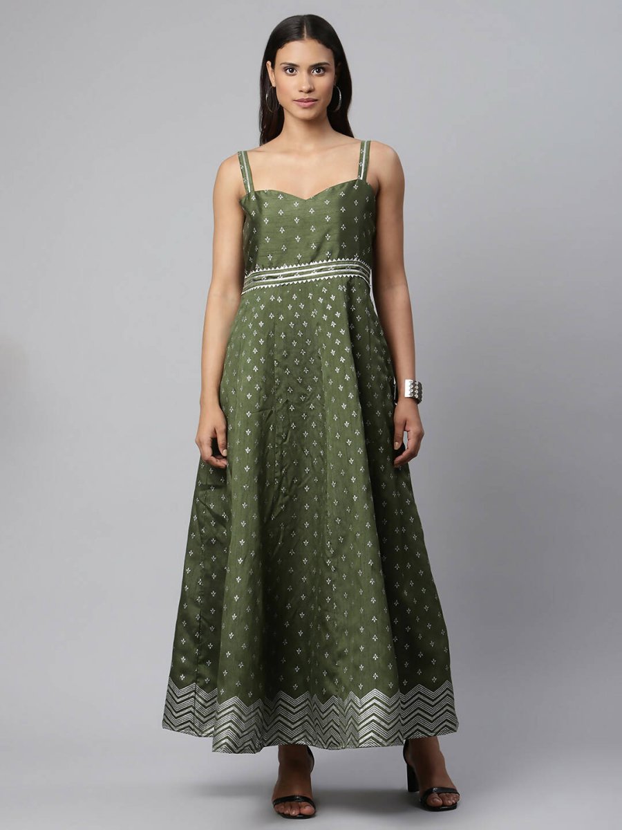 Ahalyaa Women Olive Poly Silk Silver Foil Printed Dress | Swadesiicart