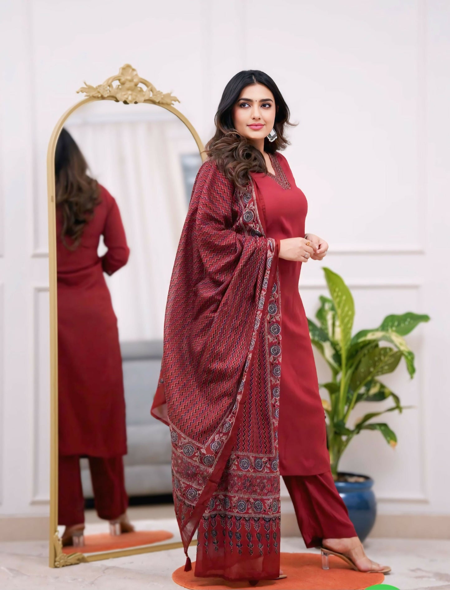 The52 Maroon Women's Gorgeous Parampara Fabric Embroidered Work Straight Kurta Pant and Dupatta Set - Swadesiicart