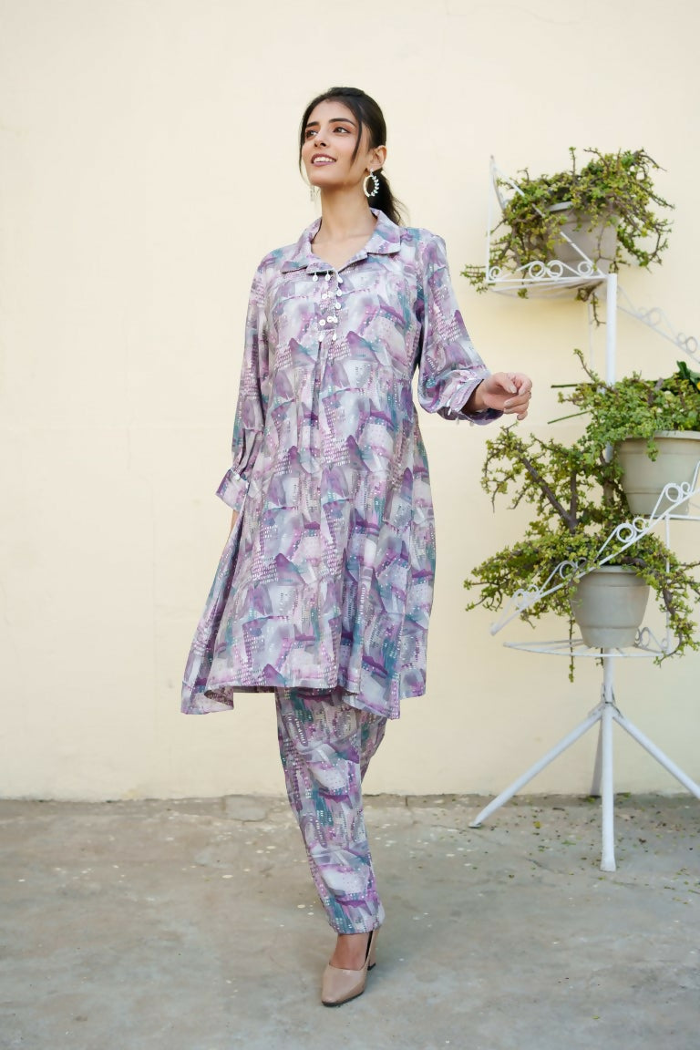 Vaasva Women Lavender Muslin Printed Shirt & Pant Set - Swadesiicart