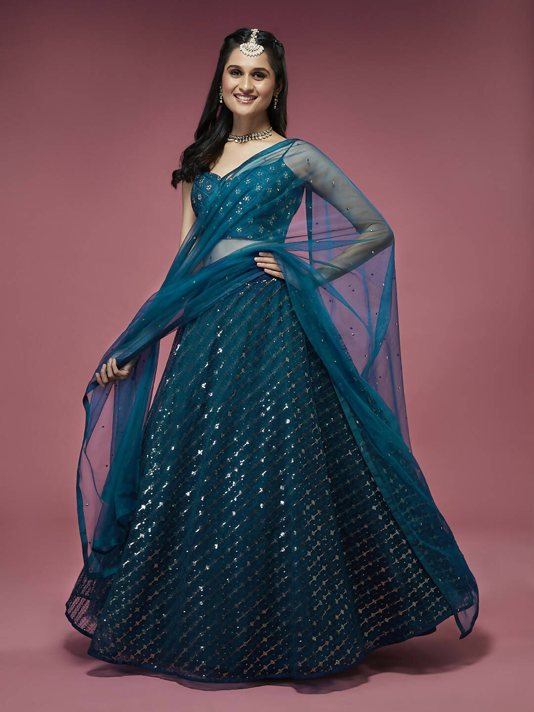 House of Panchhi Teal Net Sequinse Embroidered Lehenga & Blouse with Dupatta | Swadesiicart