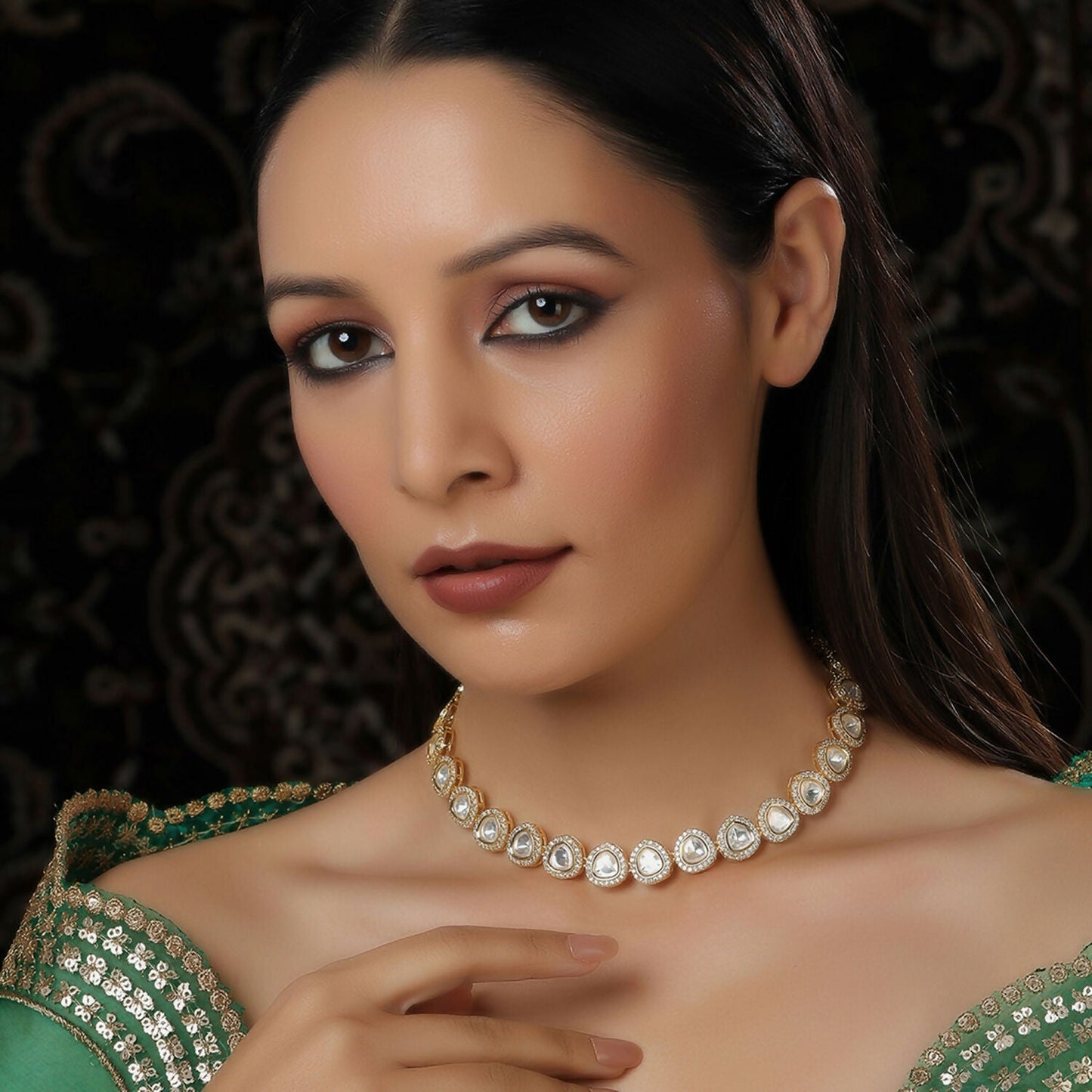 Kundan and Daimond Neckpiece in Brass (Gold) - Ruby Raang | Swadesiicart