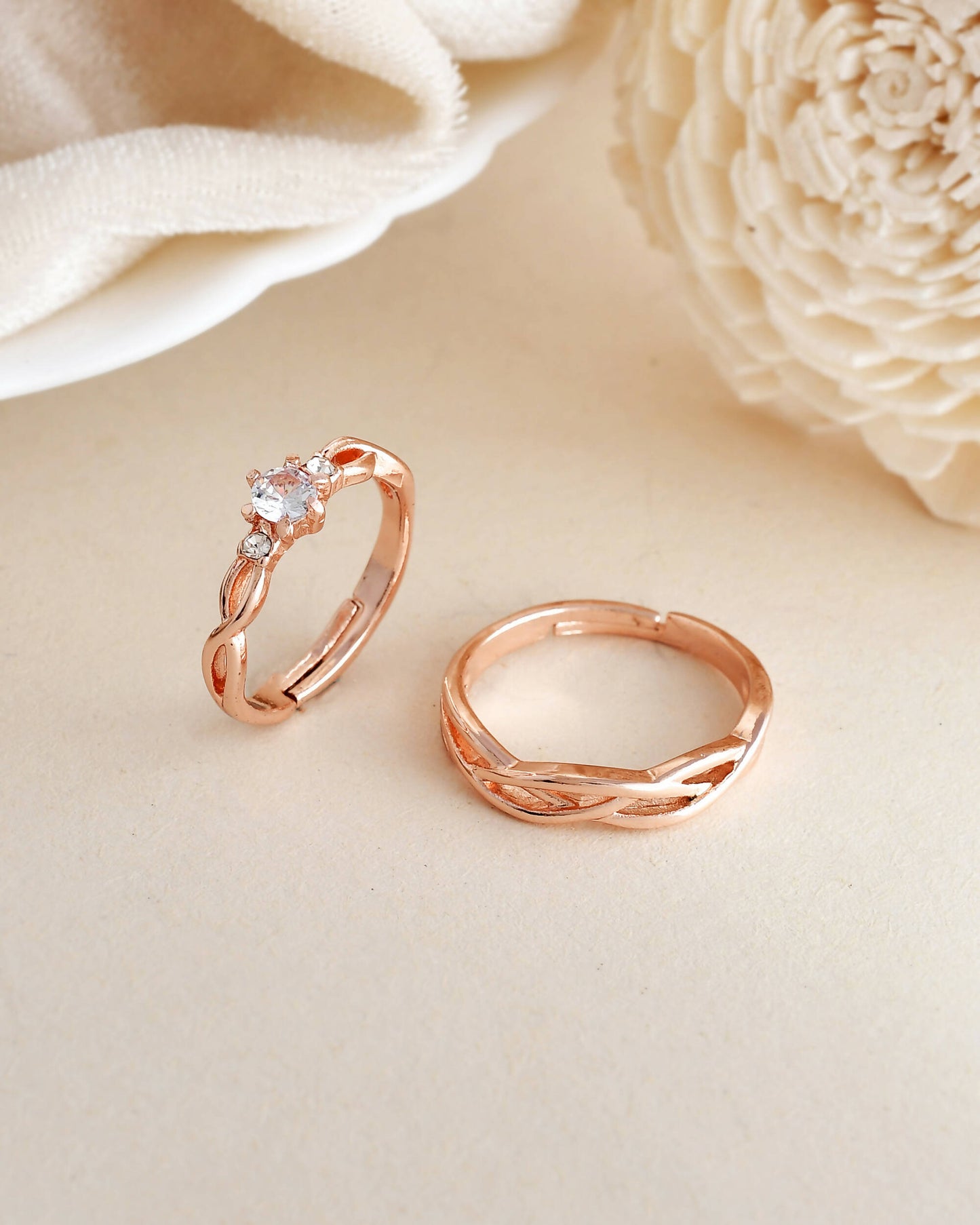 VOJ Stainless Steel Cubic Zirconia Rose Gold-Polished Adjustable Ring Set for Couple | Swadesiicart